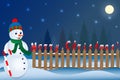 Snowman and Christmas night landscape. Vector illustration Royalty Free Stock Photo